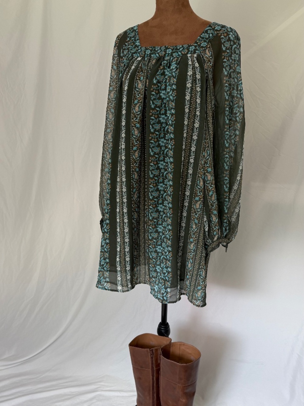 Anthropologie Sona Boho Tunic Mini Dress Green Paisley Square Neck XS